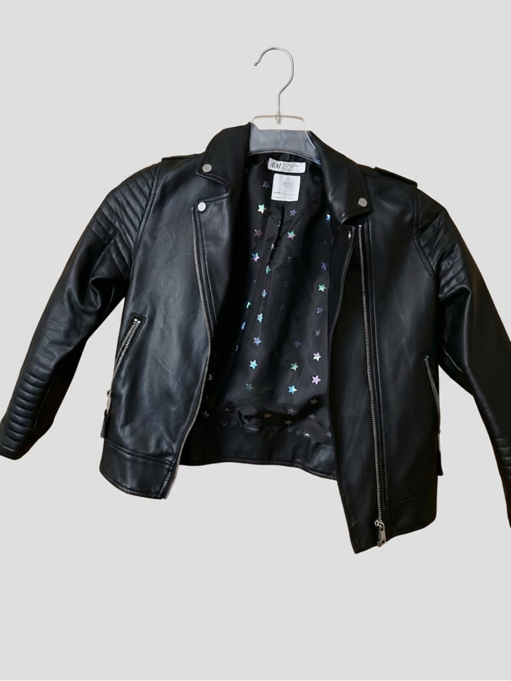 H&M Kids Black Faux Leather Moto Jacket with Star Lining